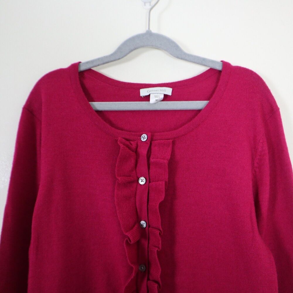 Garnet Hill Size M 100% Merino Wool Ruffle Cardigan Fine Knit Pink Fuchsia - Picture 2 of 9
